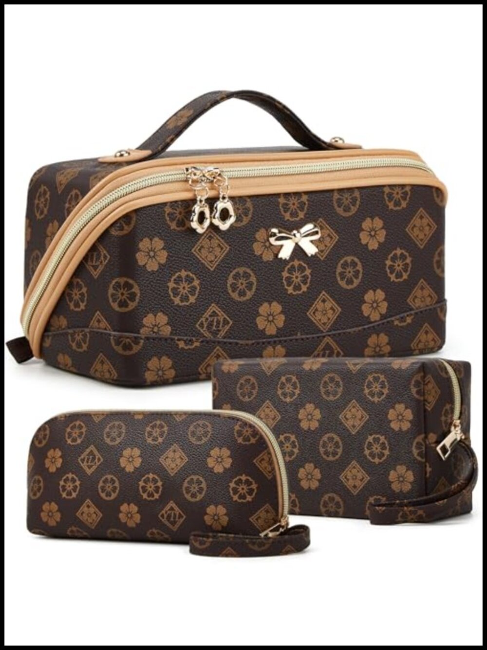 PU Leather Travel Makeup Bag 3-Piece Cosmetic Case Set Waterproof Toiletry Pouch